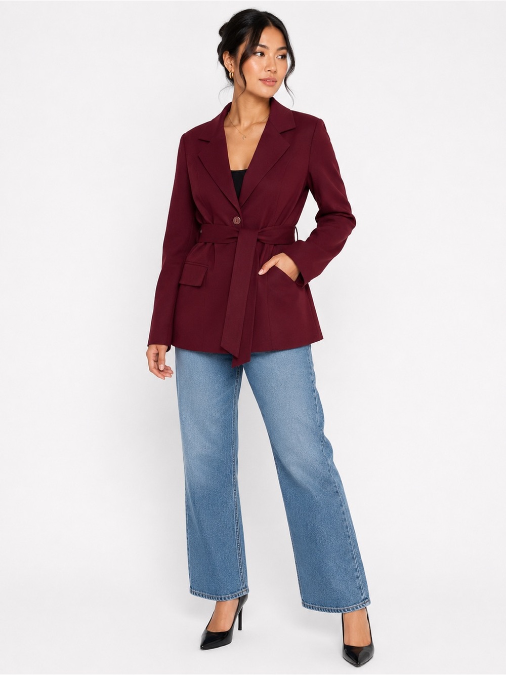 Tailored Belted Blazer Jacket - Wine